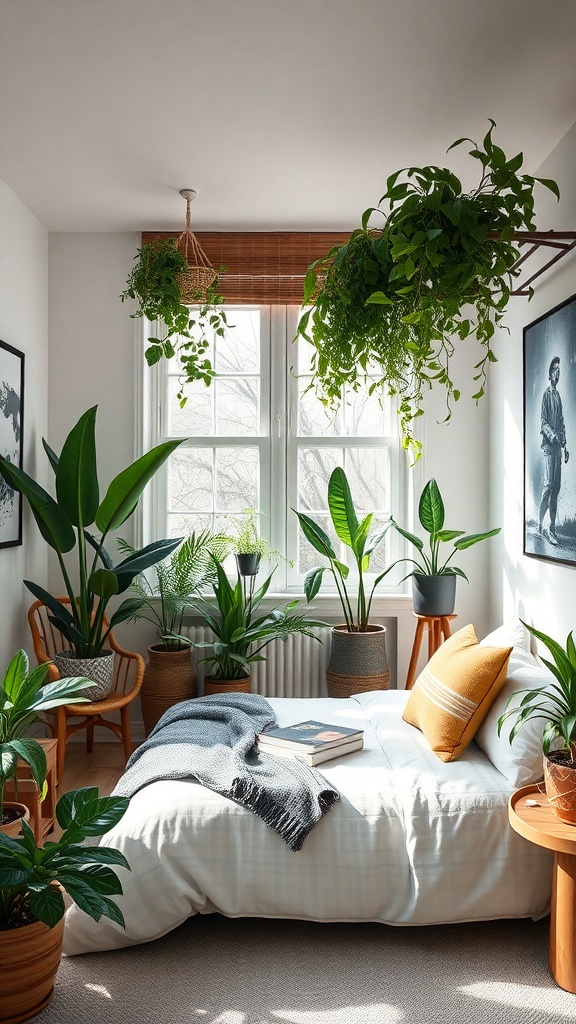 A small bedroom filled with various plants, showcasing a cozy and inviting atmosphere.