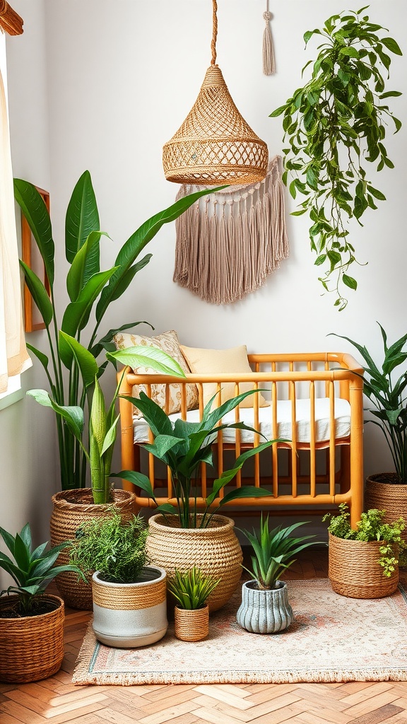 A boho nursery with a crib surrounded by various plants in woven pots, emphasizing a fresh and inviting atmosphere.