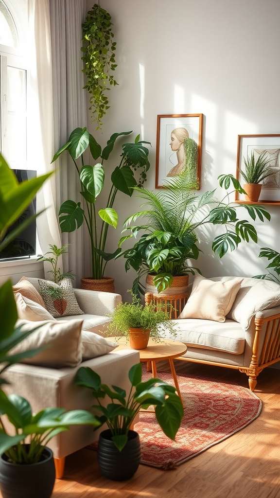 A cozy family room filled with various plants, showcasing a bright and inviting atmosphere.