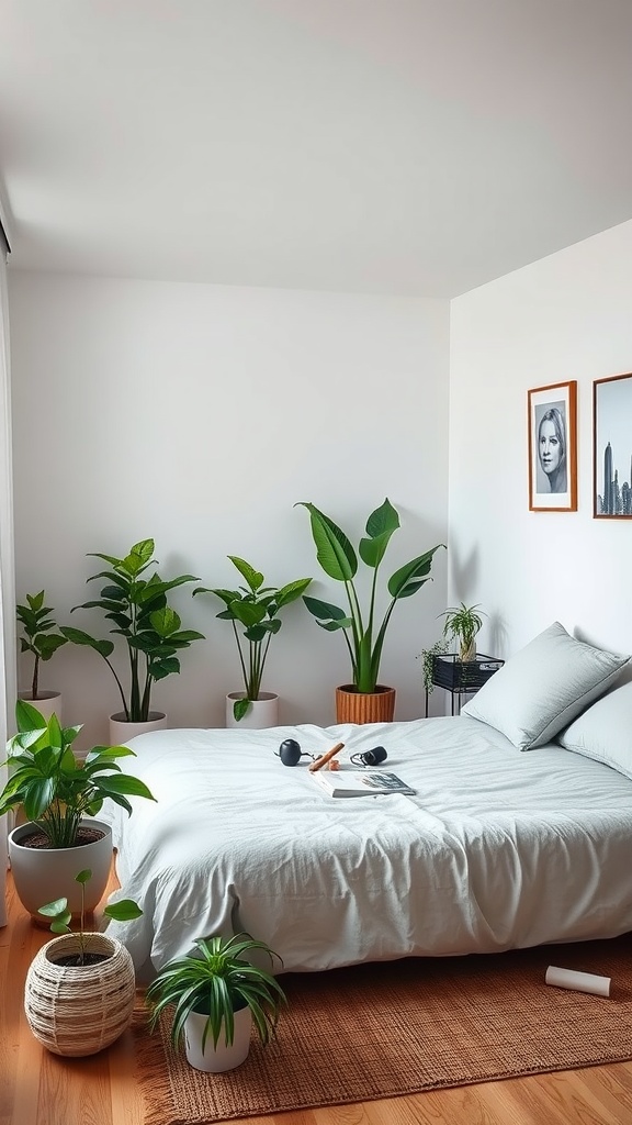 L-shaped bedroom with a bed surrounded by various plants, showcasing a cozy and fresh atmosphere.