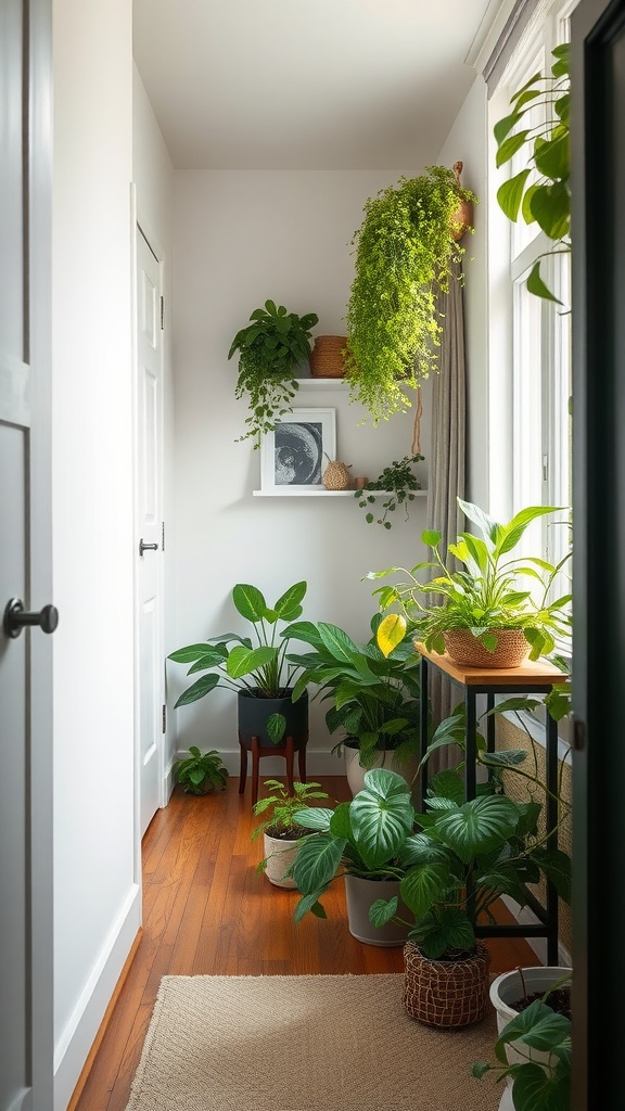 A long narrow bedroom with various plants arranged along the walls and floor, creating a fresh and inviting atmosphere.