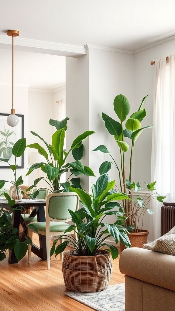 A cozy dining and living room combo featuring various green plants in stylish pots.
