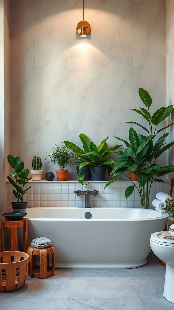 A modern rustic bathroom featuring a white bathtub surrounded by various indoor plants in pots, along with wooden stools and a stylish light fixture.