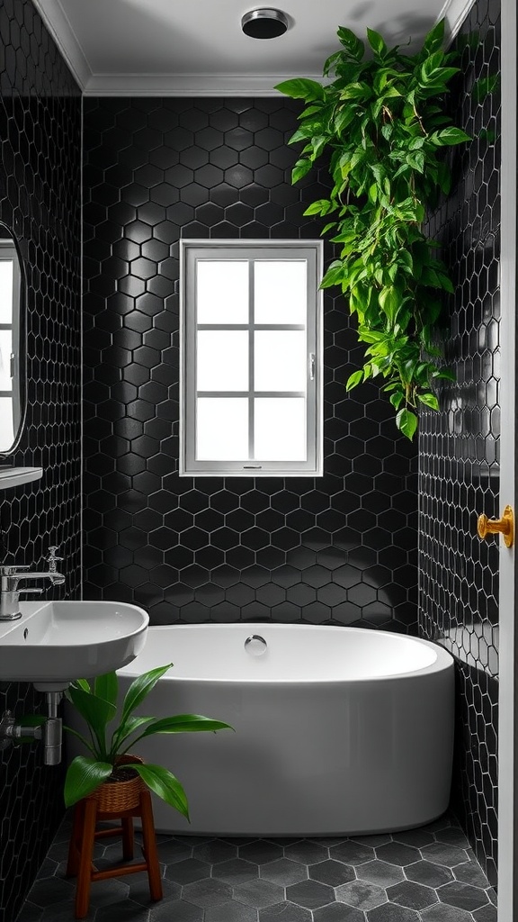 A modern bathroom with black hexagon tiles, a white bathtub, and green plants for a fresh look.