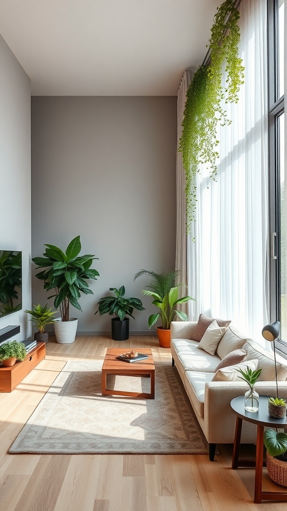 A bright living room featuring various houseplants, a comfortable sofa, and a wooden coffee table