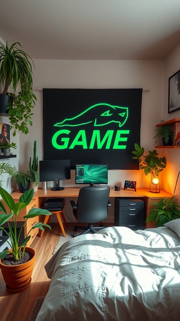 A cozy gamer bedroom featuring a desk with dual monitors, a bed covered in a light duvet, and several green plants enhancing the vibe.