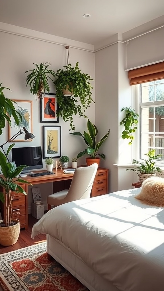 A cozy bedroom office combo featuring various plants, a desk with a computer, and a neatly made bed.