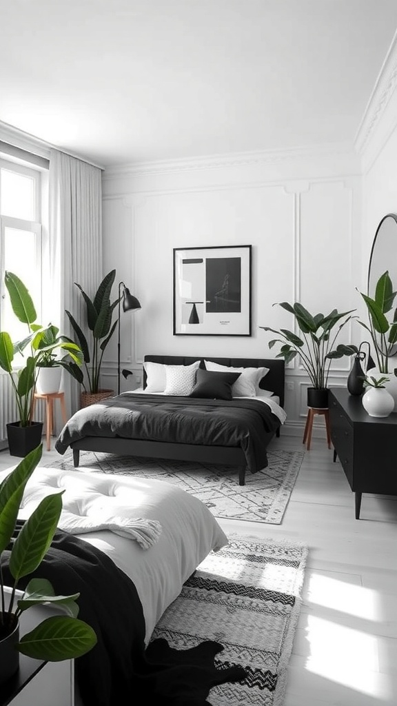 A monochrome bedroom featuring a black bed, white bedding, and various green plants in pots.