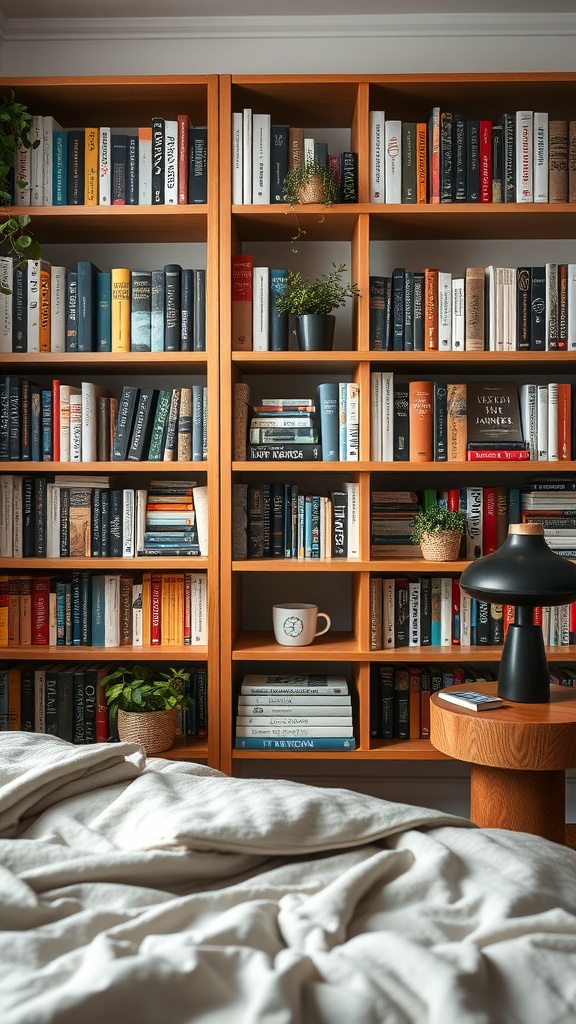 A bookshelf filled with books and decorative plants, creating a cozy reading space.
