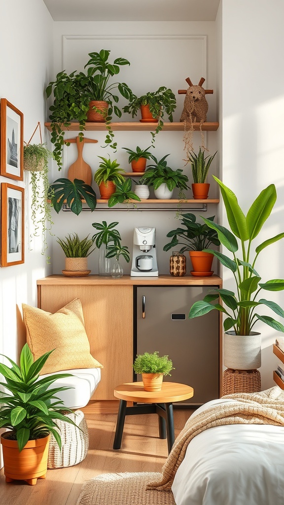 A cozy coffee corner with various plants on wooden shelves and a coffee maker.