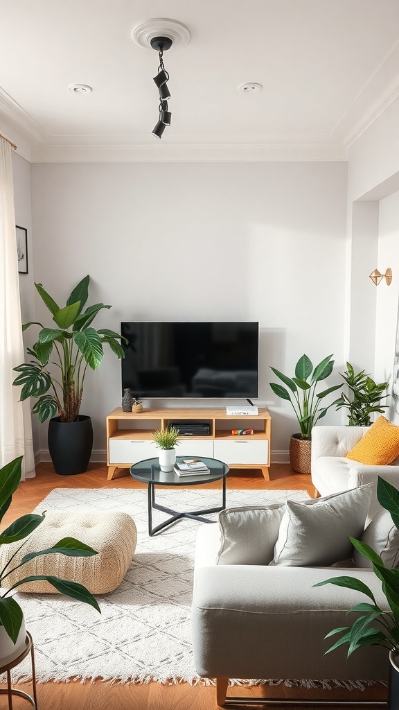 A cozy living room with a TV, plants, and a comfortable seating area.