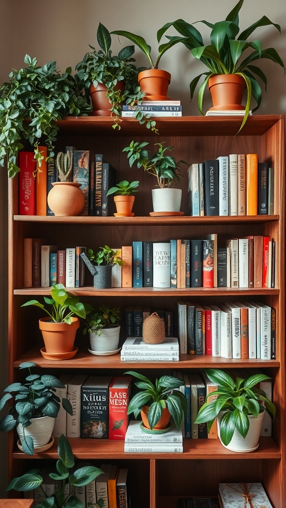 A wooden bookshelf filled with books and various green plants in pots, creating a lively and fresh atmosphere.