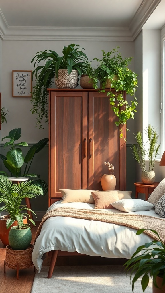 A cozy bedroom featuring a wooden wardrobe with various plants on top, creating a fresh and inviting atmosphere.