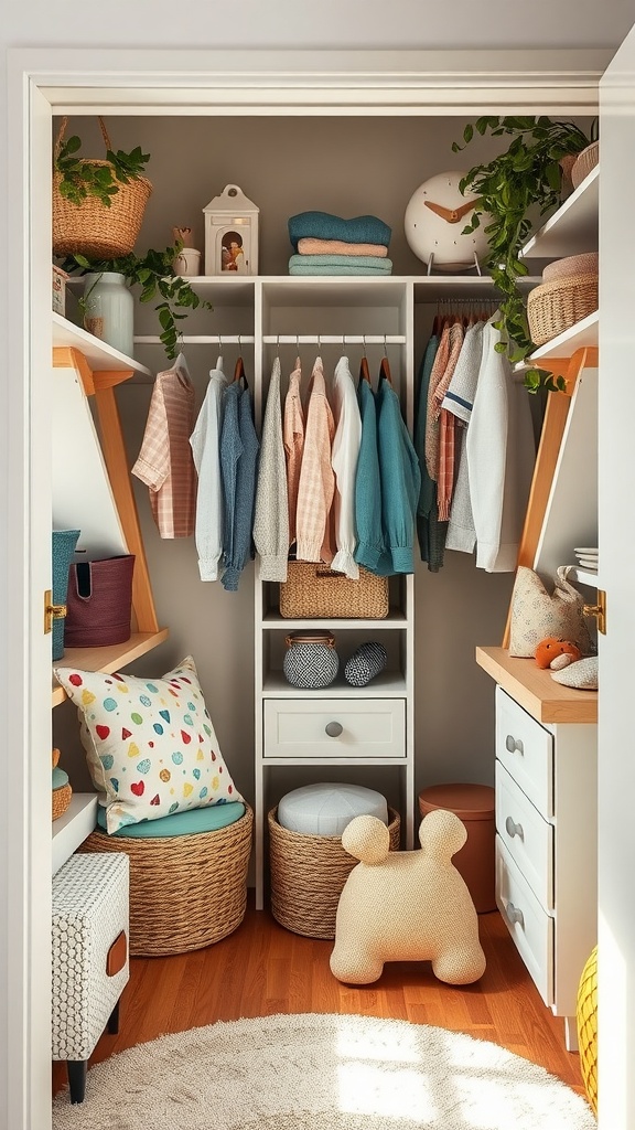 A well-organized kids closet featuring colorful clothing, playful decor, and storage solutions