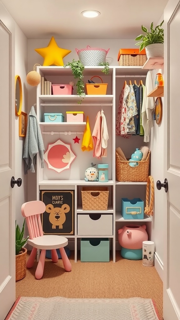 A colorful kids' closet featuring shelves with storage boxes, clothes, and playful decorations.