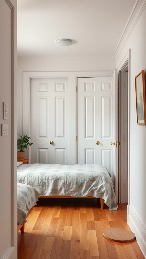A small rectangular bedroom with pocket doors and wooden flooring.