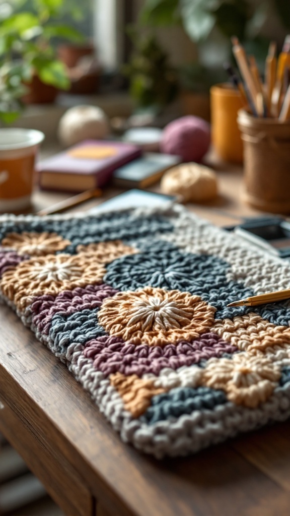 A crochet laptop sleeve with colorful patterns on a wooden table surrounded by crafting materials.