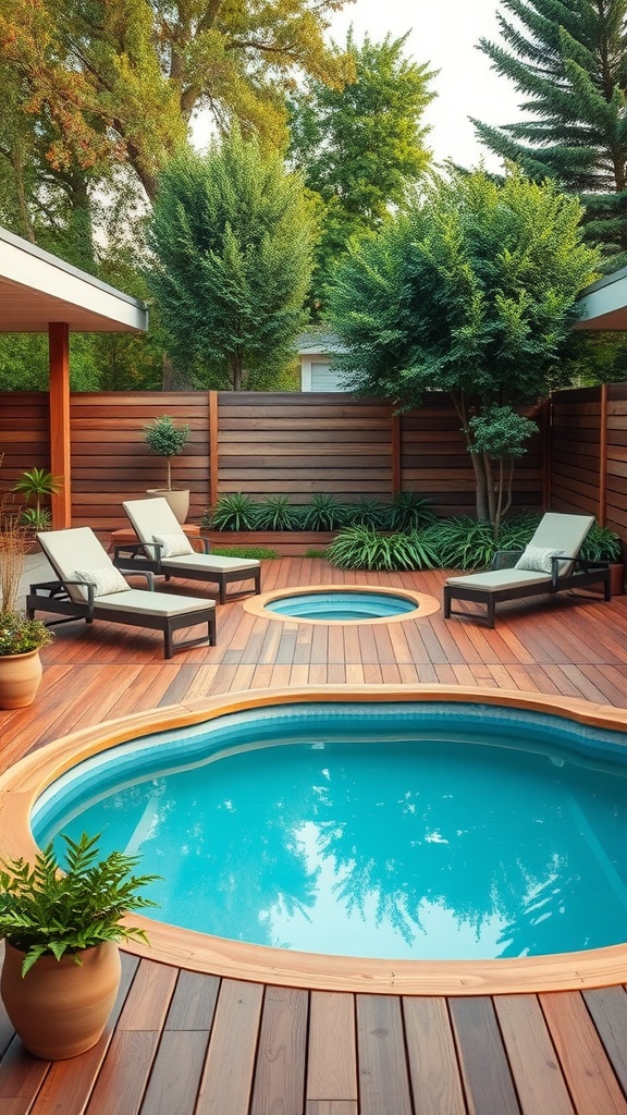 Cozy backyard pool area with wooden decking, lounge chairs, and plants.