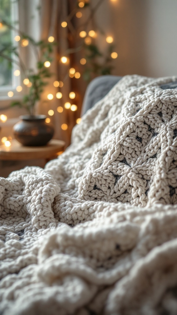 A cozy crochet blanket featuring puff stitches, draped over a couch with warm lighting in the background.