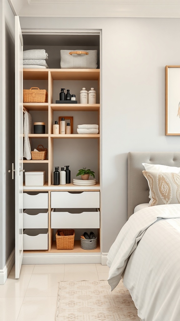 A modern bathroom closet with pull-out drawers and organized shelves