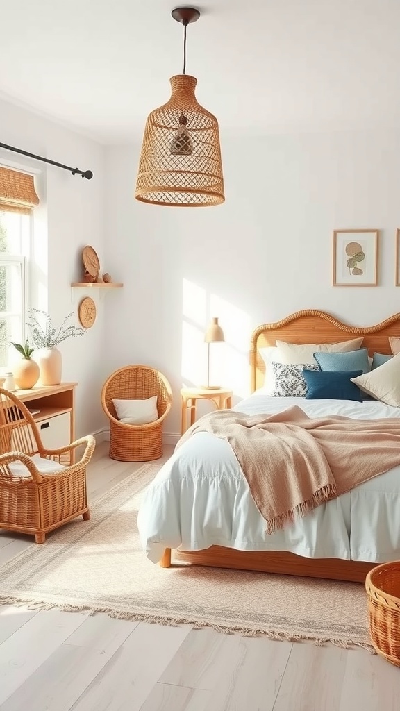 A cozy Scandinavian boho bedroom featuring rattan and wicker furniture.