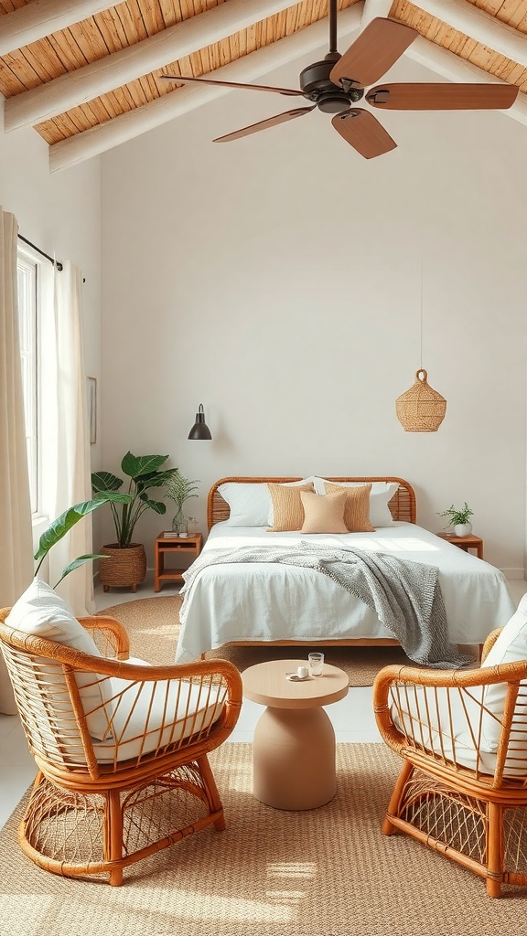 A bright tropical bedroom featuring rattan furniture, including a bed, chairs, and a side table, with plants and soft bedding.