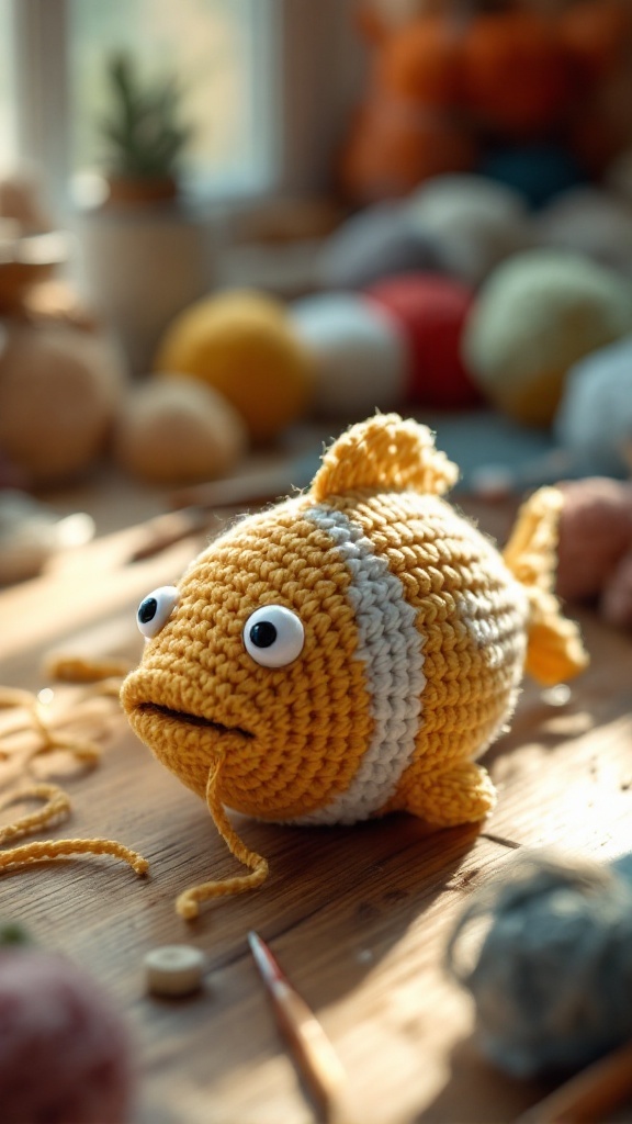 A cute crocheted yellow fish with safety eyes, surrounded by colorful yarn and crafting materials.