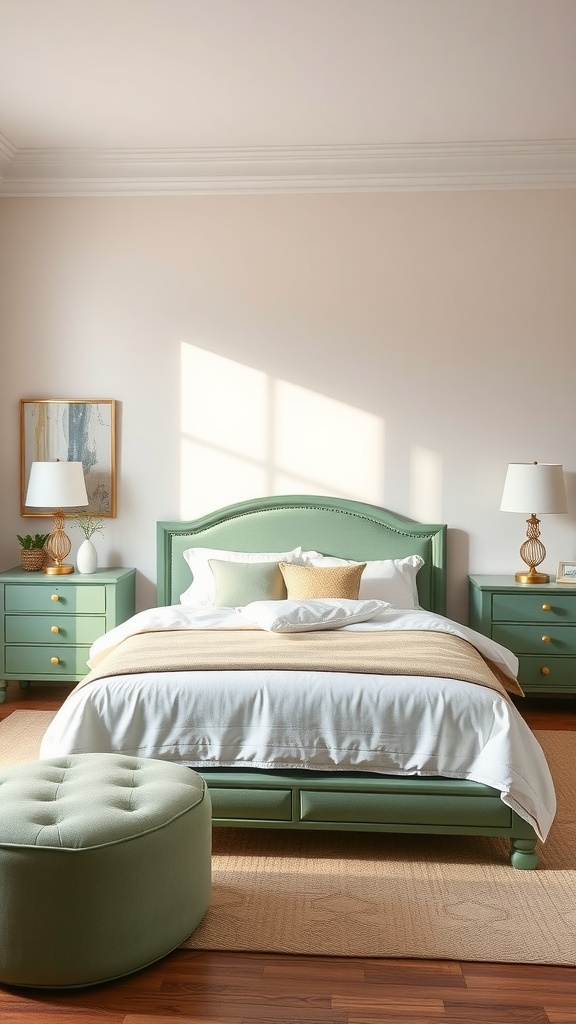 A serene bedroom featuring sage green furniture, including a bed frame, nightstands, and an ottoman, with warm wood accents and neutral bedding.