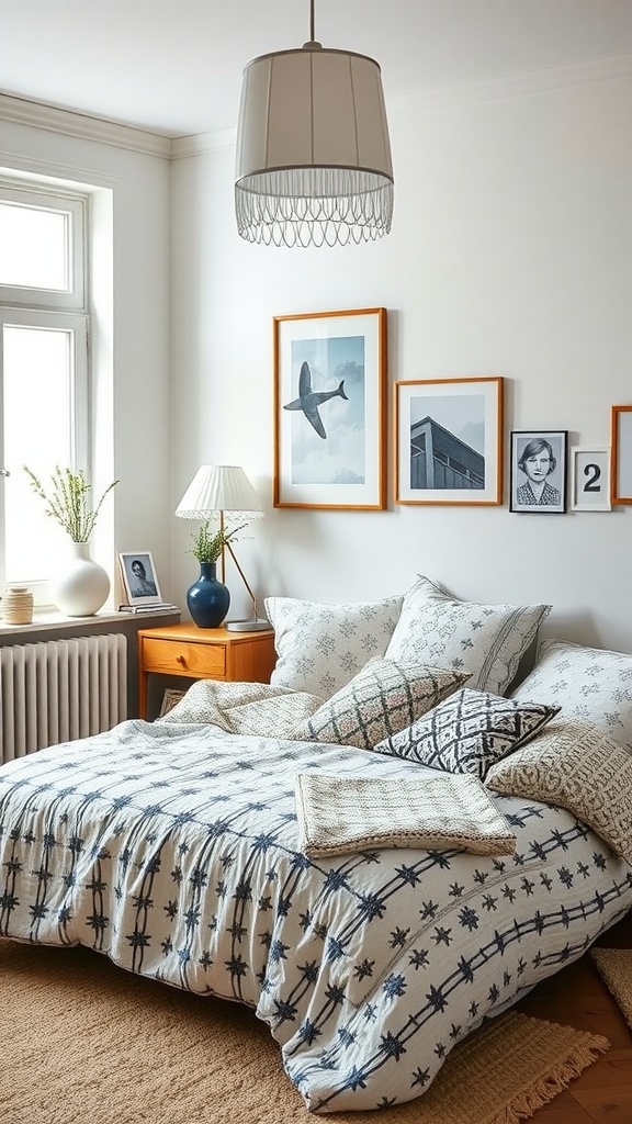A cozy Scandinavian bedroom with patterned textiles and warm lighting.