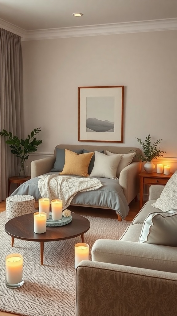 A cozy living room with scented candles on a coffee table, soft textiles, and warm lighting.
