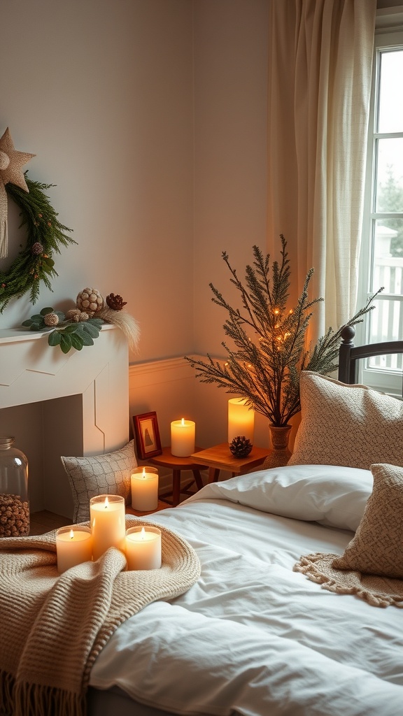 A cozy bedroom decorated for winter with candles, a small tree, and natural elements.