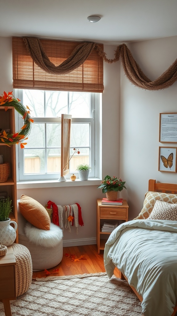 A cozy small bedroom featuring seasonal decor with a wreath, warm pillows, and plants.