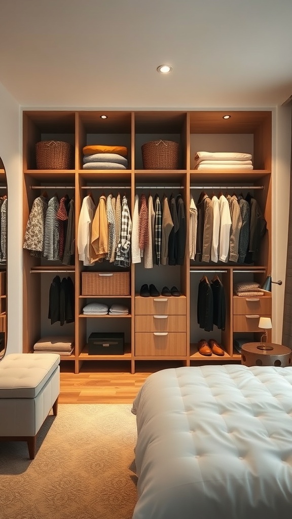A well-organized walk-in wardrobe featuring shelves and hanging space for clothes, with baskets for storage and a cozy seating area.