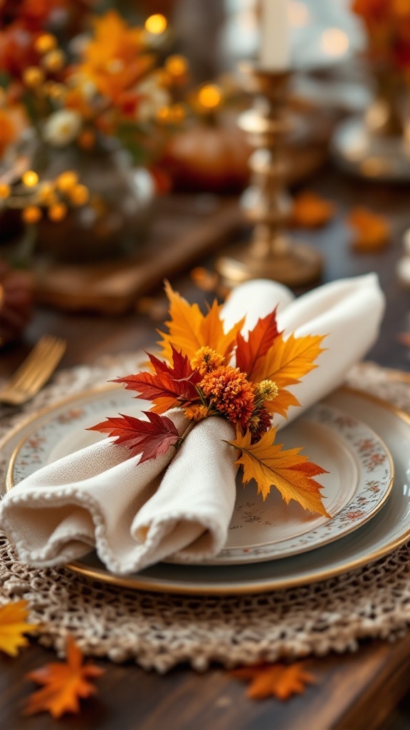 A beautifully set table with crochet napkin rings, decorated with vibrant autumn leaves.