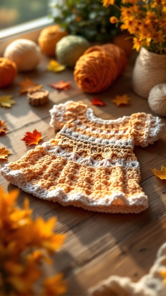 Crochet baby dress in warm autumn colors surrounded by yarn and leaves