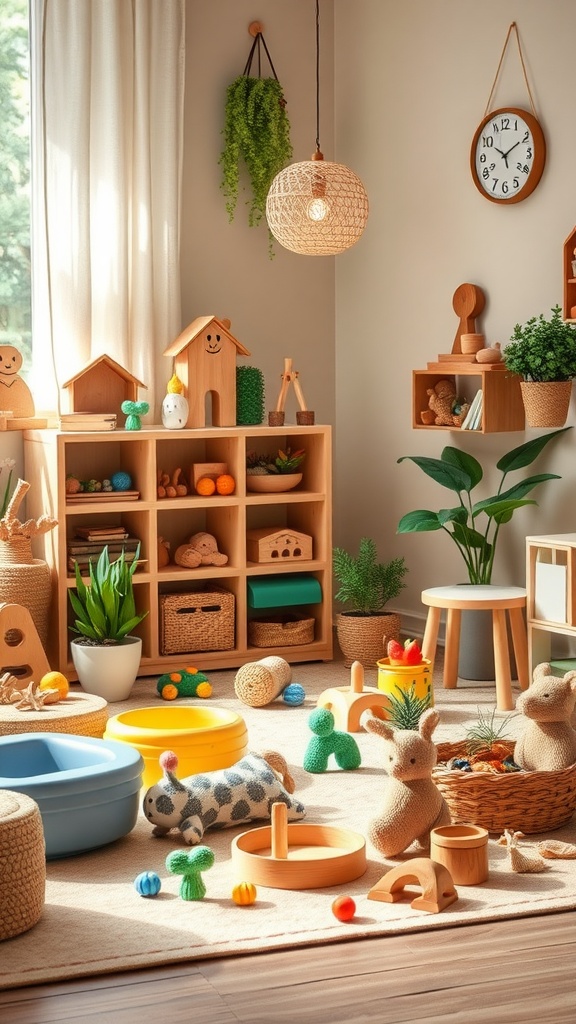 A bright and playful Montessori toddler room with natural materials and sensory toys.