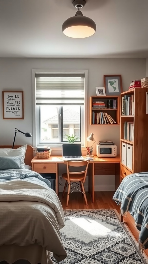 A cozy shared bedroom featuring two beds and a study area with a desk, laptop, and bookshelves.