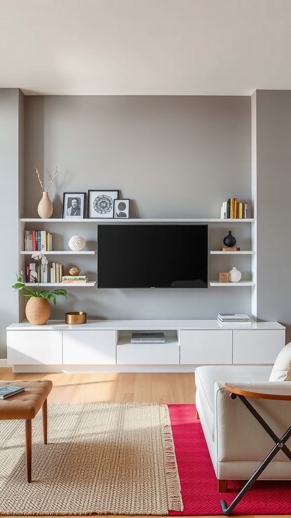 A modern living room with a light gray accent wall featuring white open shelving above a TV and a cozy seating arrangement.