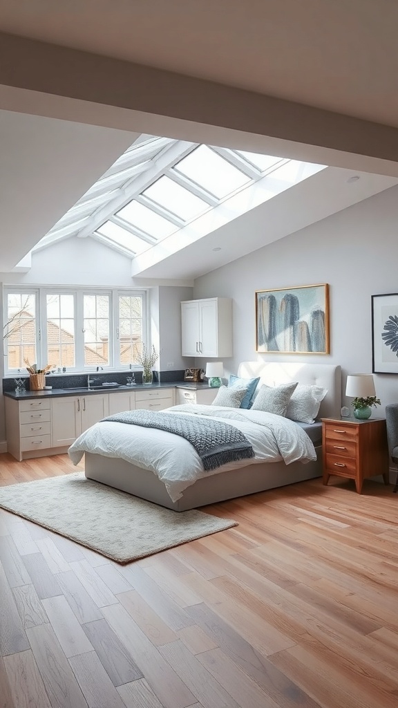 A modern kitchen with a skylight, showcasing natural light and a stylish design.