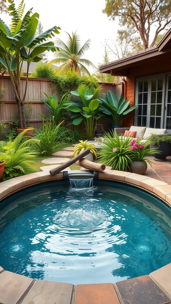 A small circular pool surrounded by lush plants and flowers in a backyard setting.