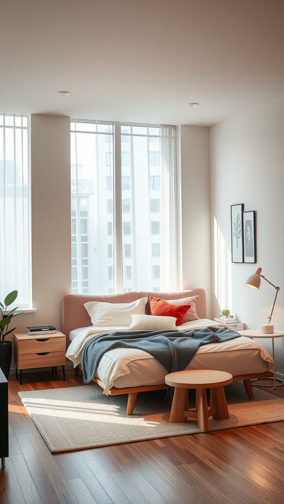 A cozy one-bedroom apartment with a bed, side table, and large windows.