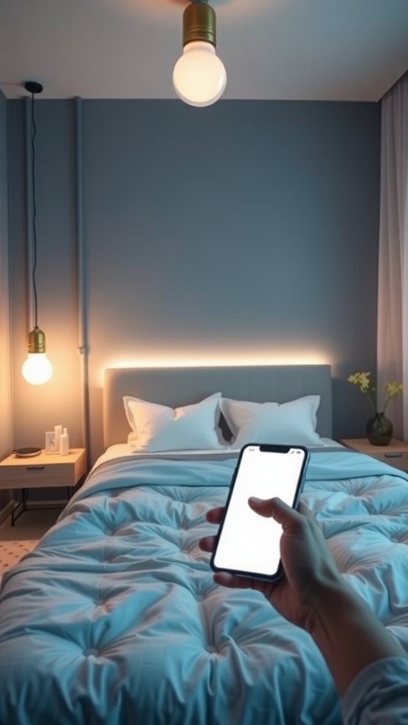 A modern bedroom featuring a smartphone in hand, with smart lighting solutions in place