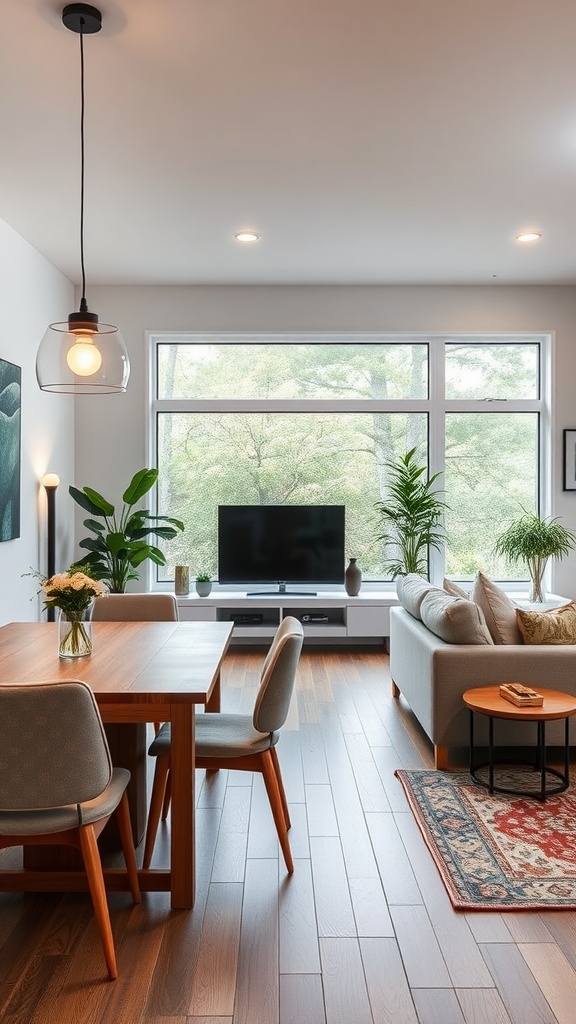 Modern dining room and living room combo featuring smart technology with a TV, plants, and stylish furniture.