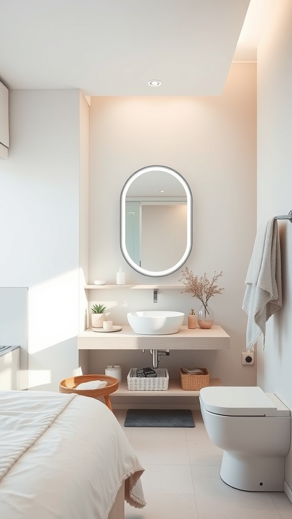 A modern small bathroom with a sleek design, featuring a round mirror, stylish sink, and open shelving.