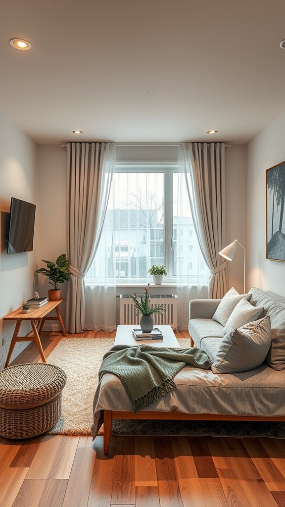 A cozy living room featuring a sofa, a coffee table, and large windows with curtains, showcasing a modern and inviting atmosphere.