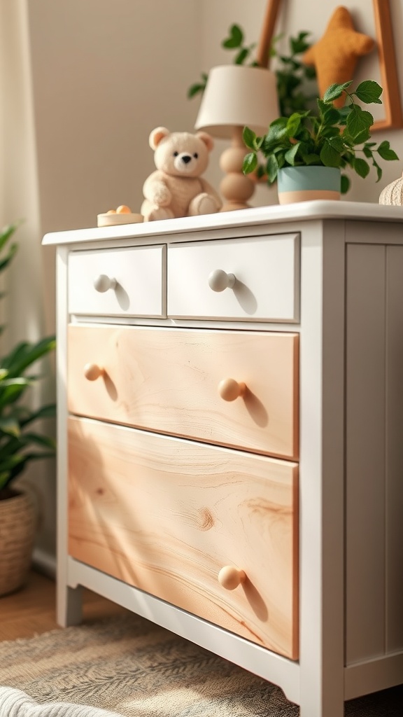 A nursery dresser with soft closing drawers, a teddy bear on top, and plants around.