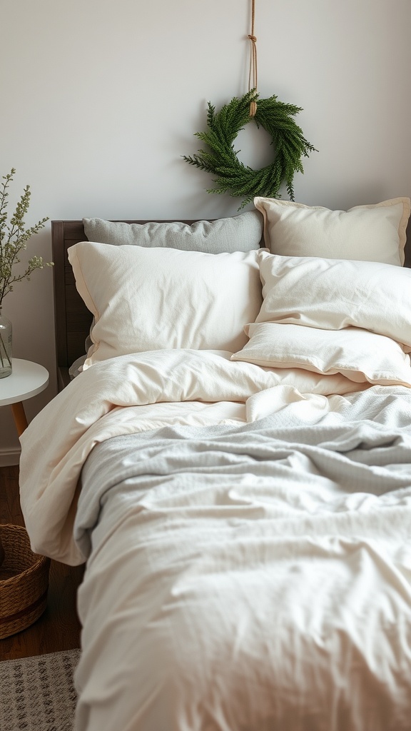 Cozy Scandinavian bedroom with soft bedding and decorative green wreath