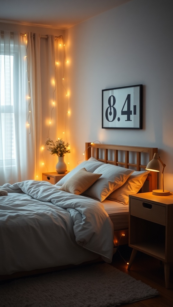 A cozy small bedroom with soft lighting, featuring a bed with white bedding, decorative pillows, and lights strung along the curtains.