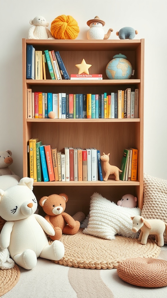 A cozy nursery bookshelf filled with colorful books, plush toys, and soft textures.