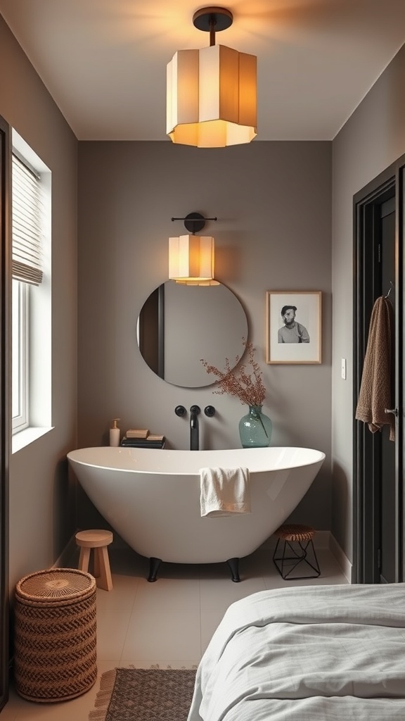 A modern small bathroom featuring statement lighting fixtures, a white bathtub, and gray walls.